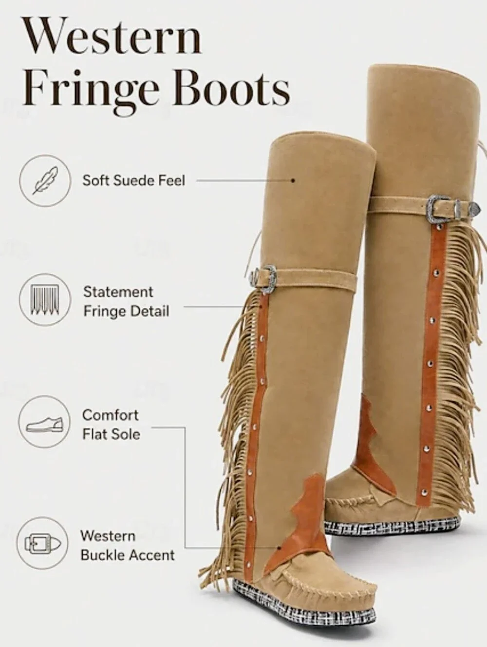 NWOT Tan Faux Suede Knee High Fringe Moccasin Buckle Western Festival Boots 10